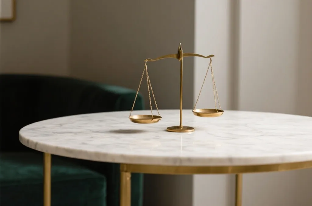 A minimalist brass balance scale sitting on a marble table, representing financial balance and self-control, elegant editorial photography
